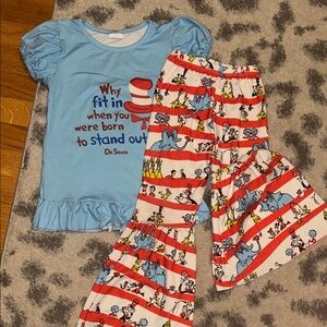 Dr. Seuss Light Blue & Red Cat in the Hat Striped bell bottom Set